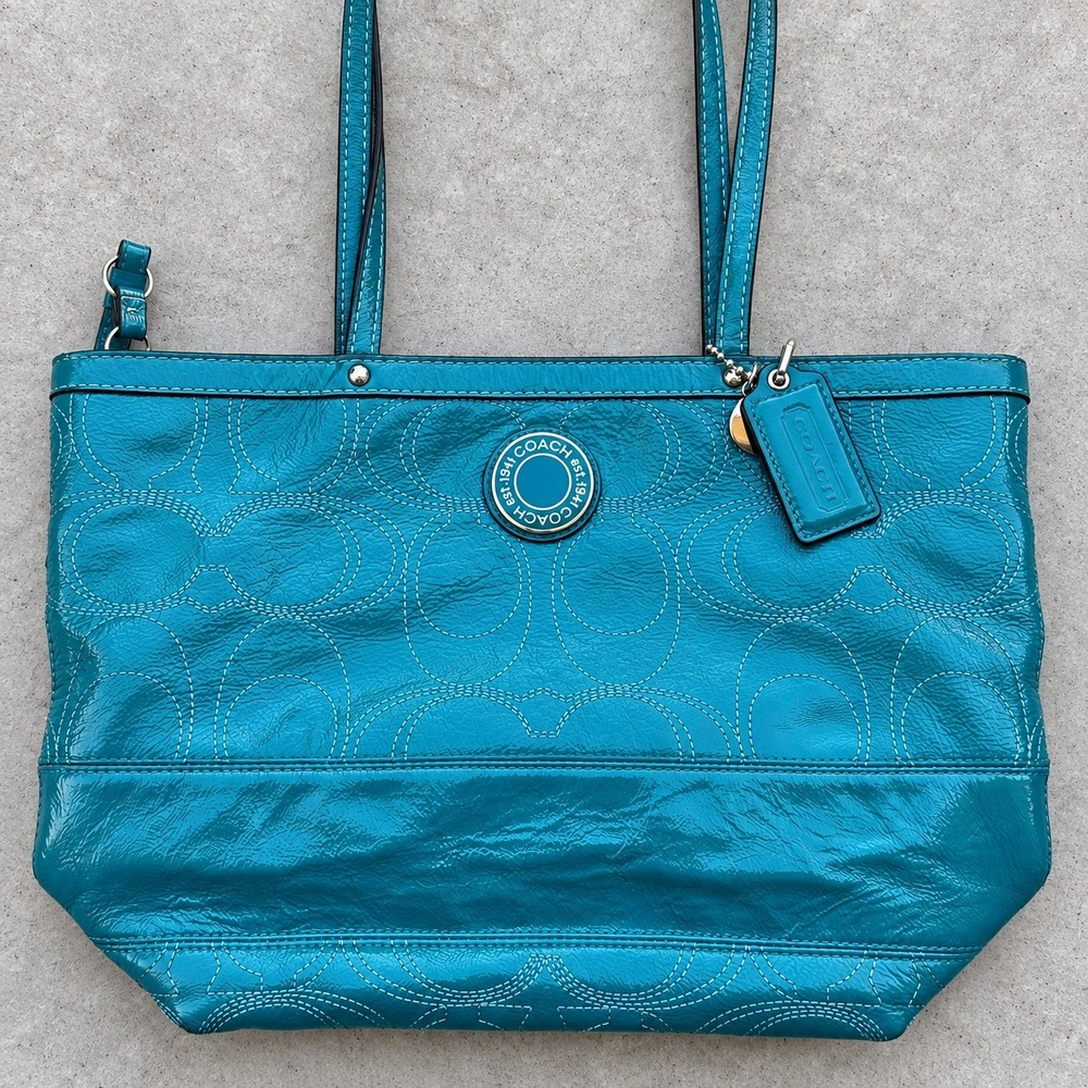 Coach Chelsea Heritage Signature Teal Patent Leather Tote Bag F19198